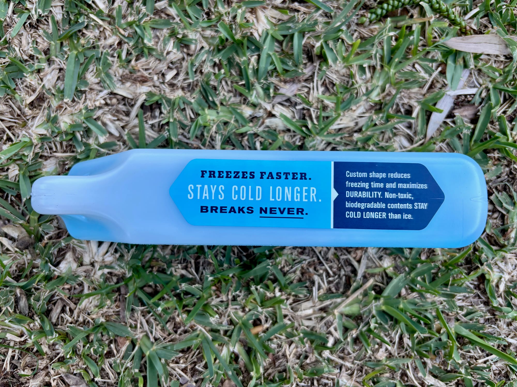 The back of the YETI Ice Block: Freezes faster. Stays cold longer. Breaks never.