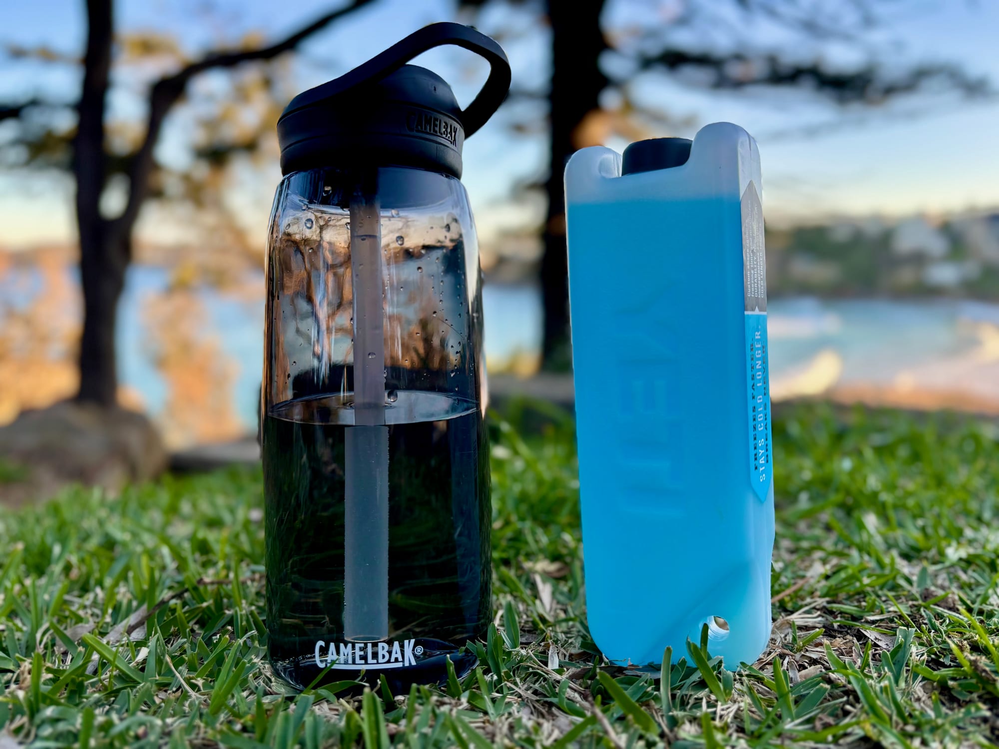 The YETI Ice Block standing next to a CamelBak water bottle for size