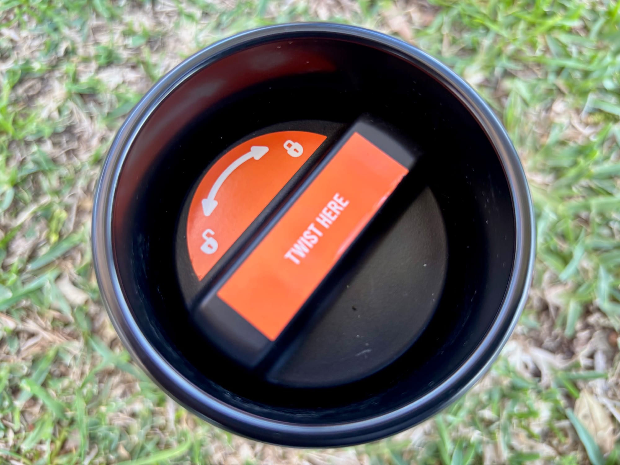 The YETI HotShot cap seen from above, with its orange “twist here” insert