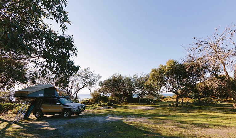 Our 4WD with the rooftop tent on the grass at Gillards Campground by the water