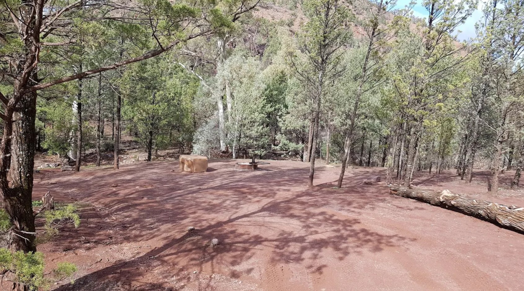 A camping spot with a stone fire pit among the trees at Acraman Campground