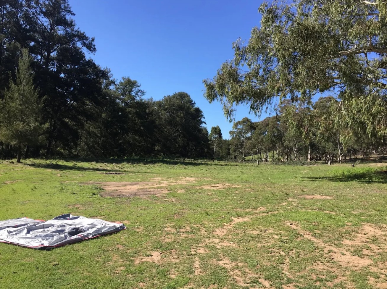 The grass camping area at Woolshed Flat Campground with a tarp on the ground