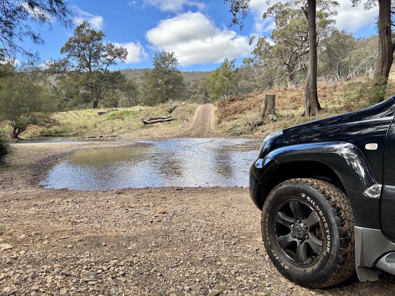Our 4WD at one of the river crossings on the way to Woolshed Flat Campground
