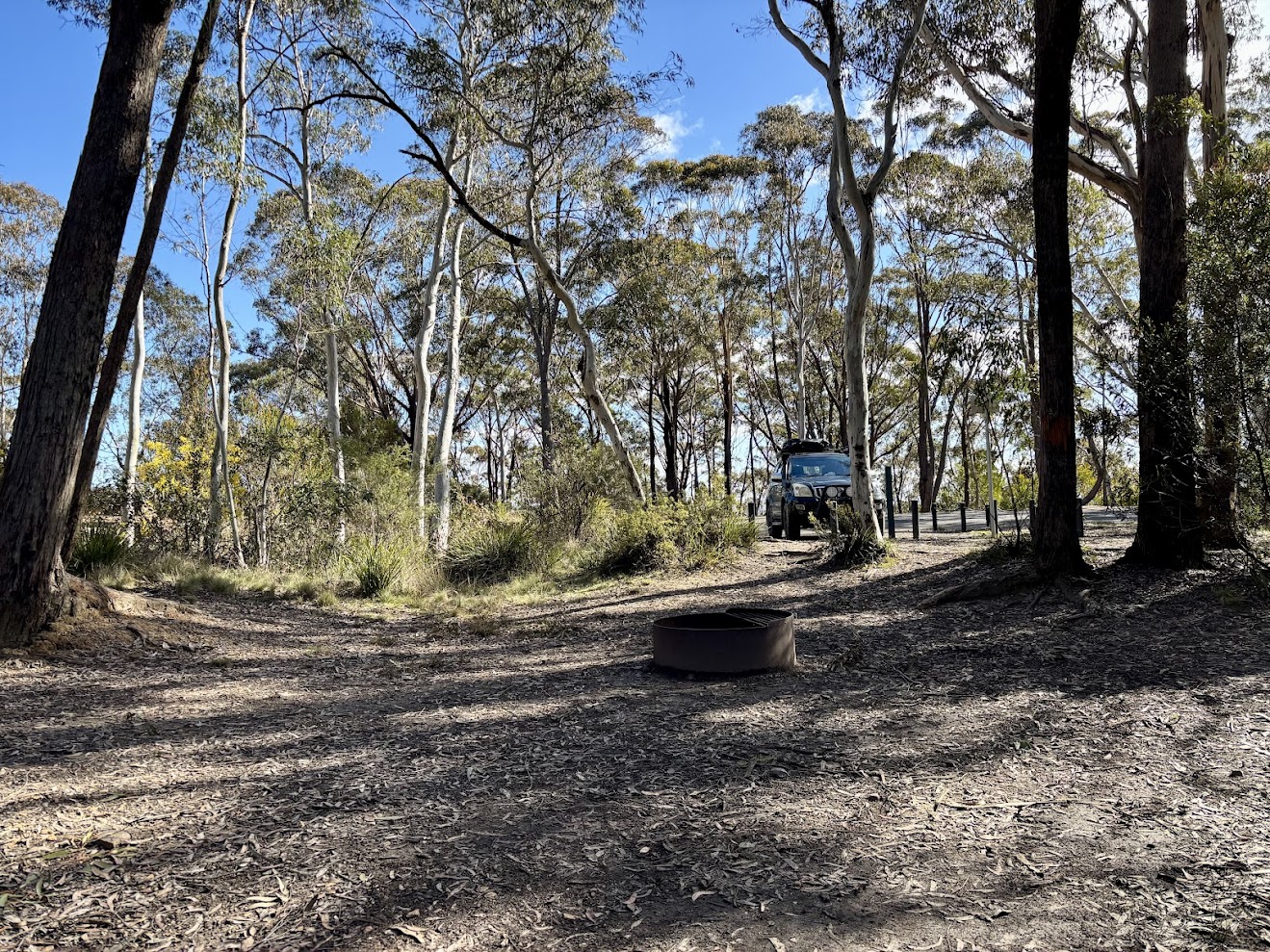 A fire pit on the dirt camp area at Mount York, with the car behind