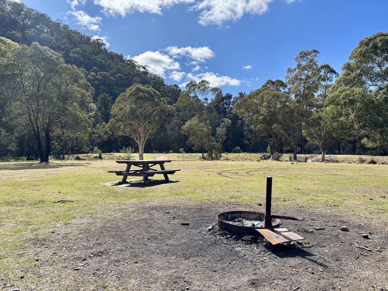 A fire pit and picnic table on the grass at The Diggings Campground