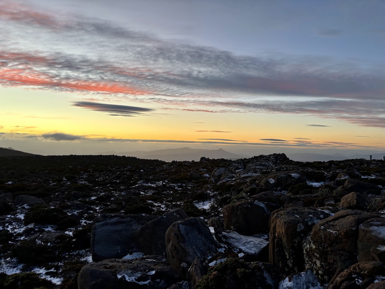 The sunset over Hobart from the South West Viewing Platform on Mount Wellington