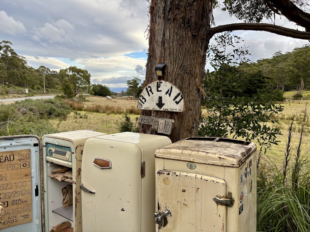 The bread fridge with its sign on the tree and the paddock behind