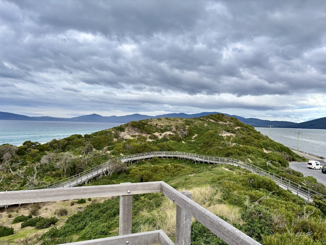 The timber staircase climbing the dune to Truganini Lookout