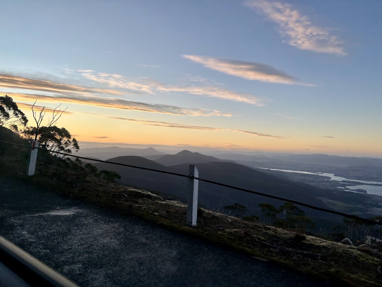The sealed summit road on Mount Wellington at sunset