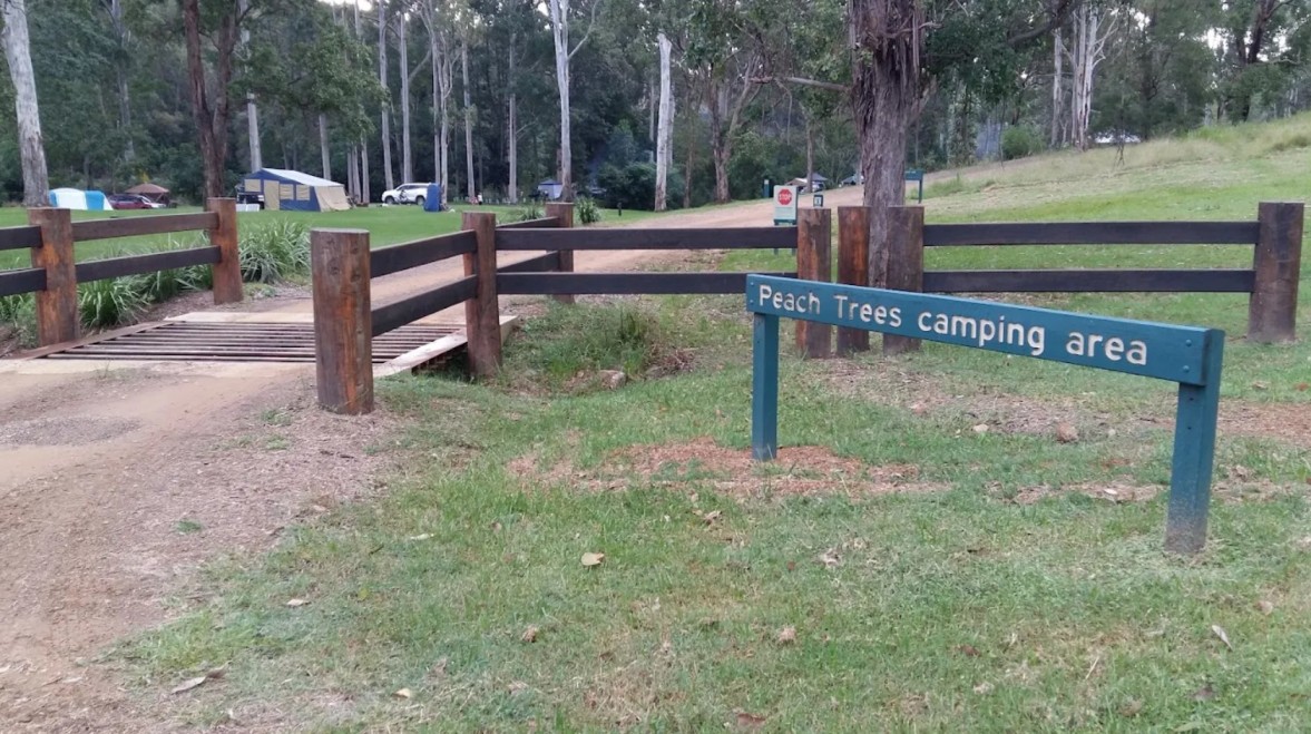The Peach Trees camping area sign on a timber fence